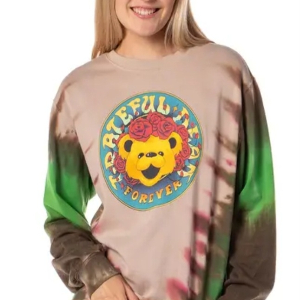 Grateful Tie-Dye Long Sleeve Graphic Tee - Beige & Green